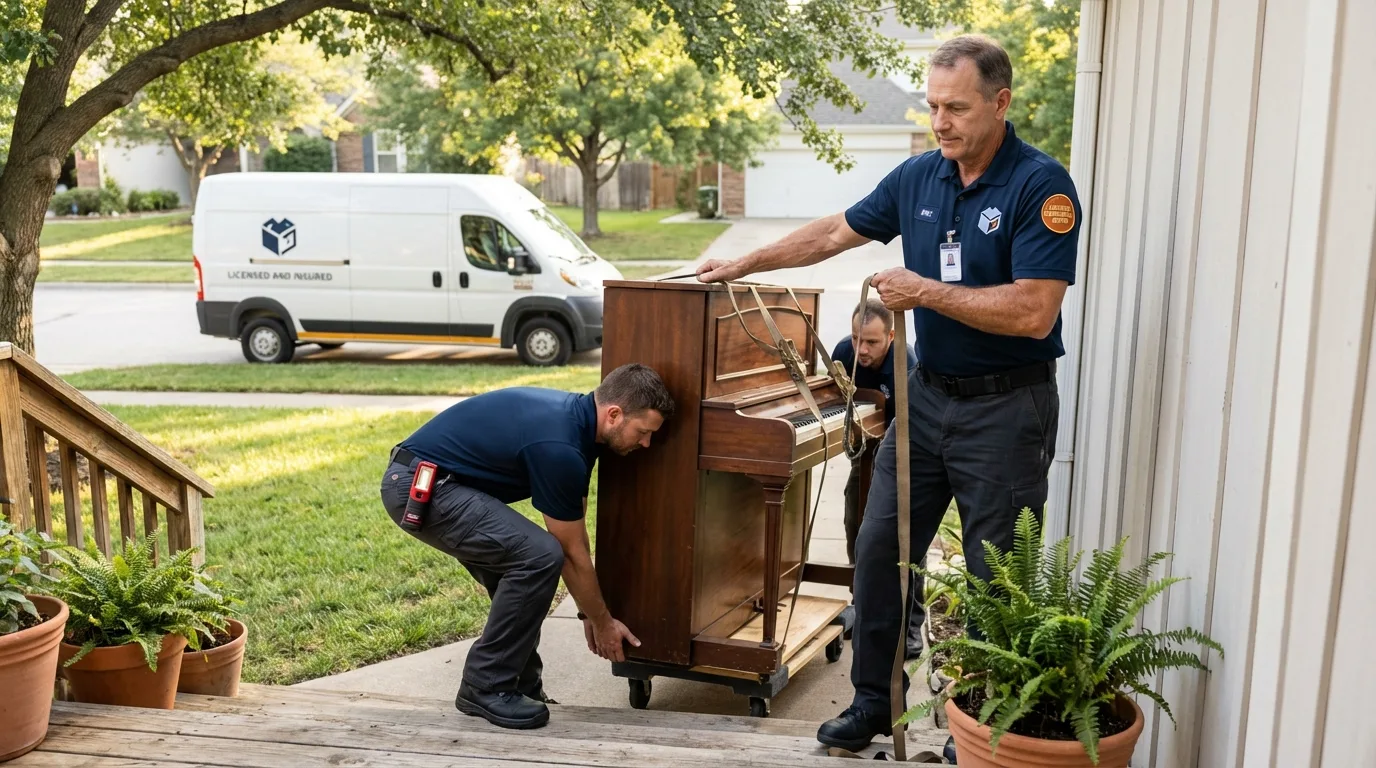 Licensed piano movers securing grand piano in North Wales, PA