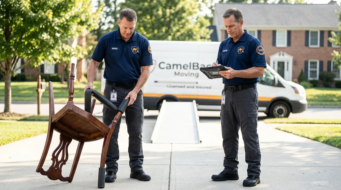 Movers inspecting furniture for damage prevention before loading in North Wales, PA