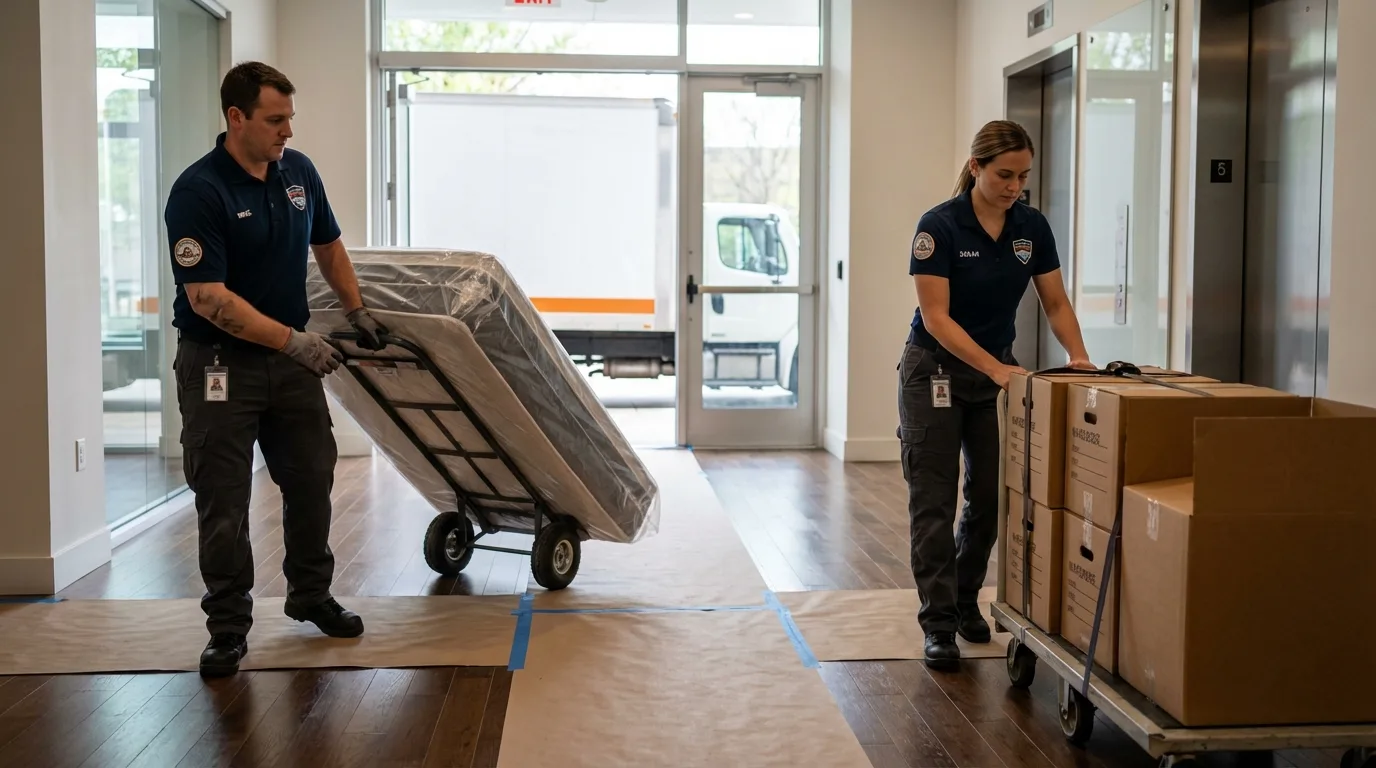 Professional apartment movers loading elevator in North Wales, PA