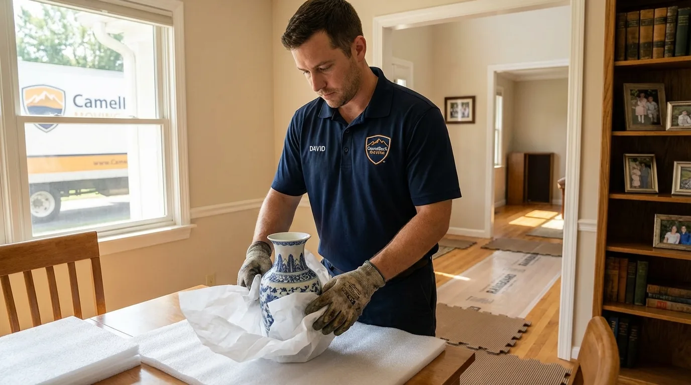 Professional crew carefully wrapping antique vase for senior downsizing move in North Wales, PA